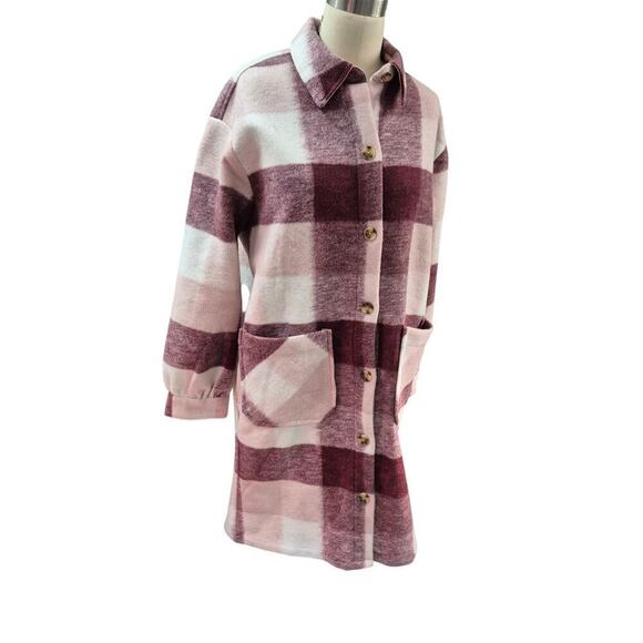 Mexx Women’s Soft-Brushed Plaid Long Shacket Pink Burgundy  Sz XS NWOT - Picture 4 of 11